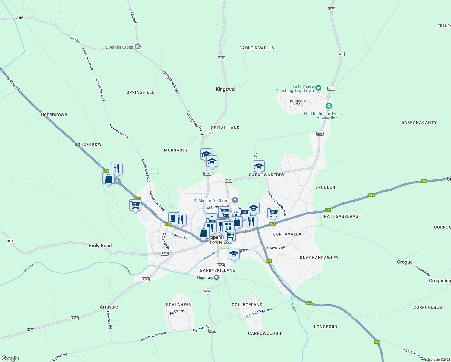 map of restaurants, bars, coffee shops, grocery stores, and more near Rosanna Road in Tipperary