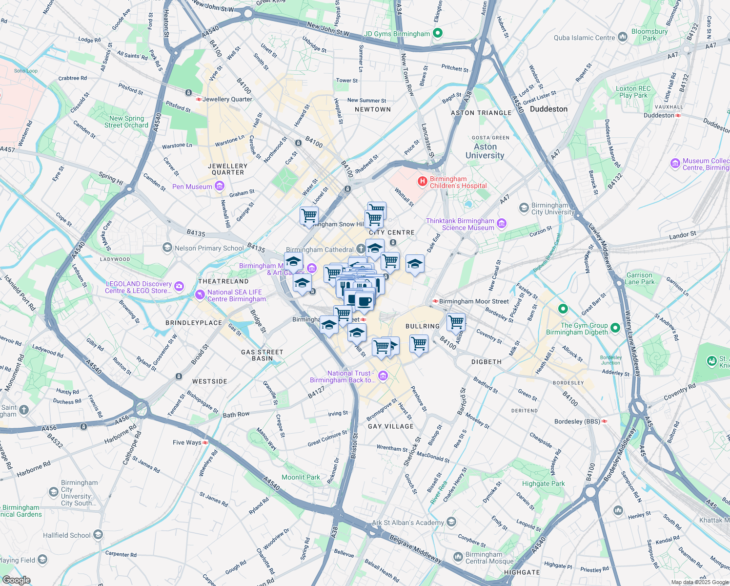 map of restaurants, bars, coffee shops, grocery stores, and more near 201 New Street in West Midlands