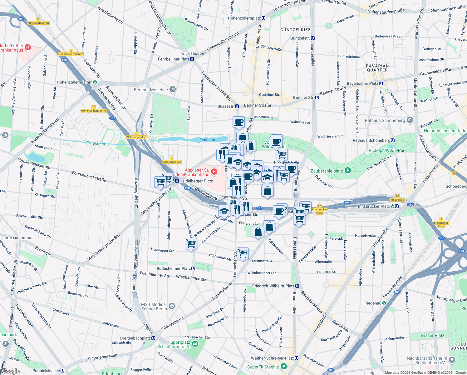 map of restaurants, bars, coffee shops, grocery stores, and more near 62 Blissestraße in Berlin