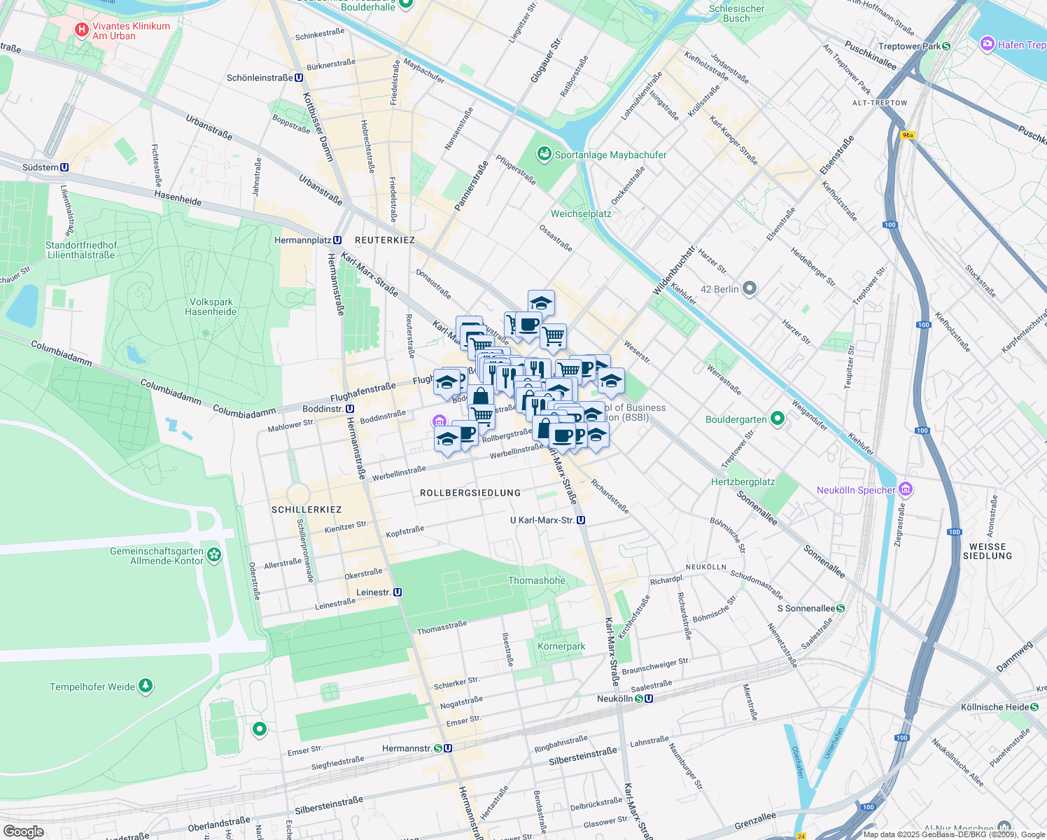 map of restaurants, bars, coffee shops, grocery stores, and more near 92-98 Karl-Marx-Straße in Berlin