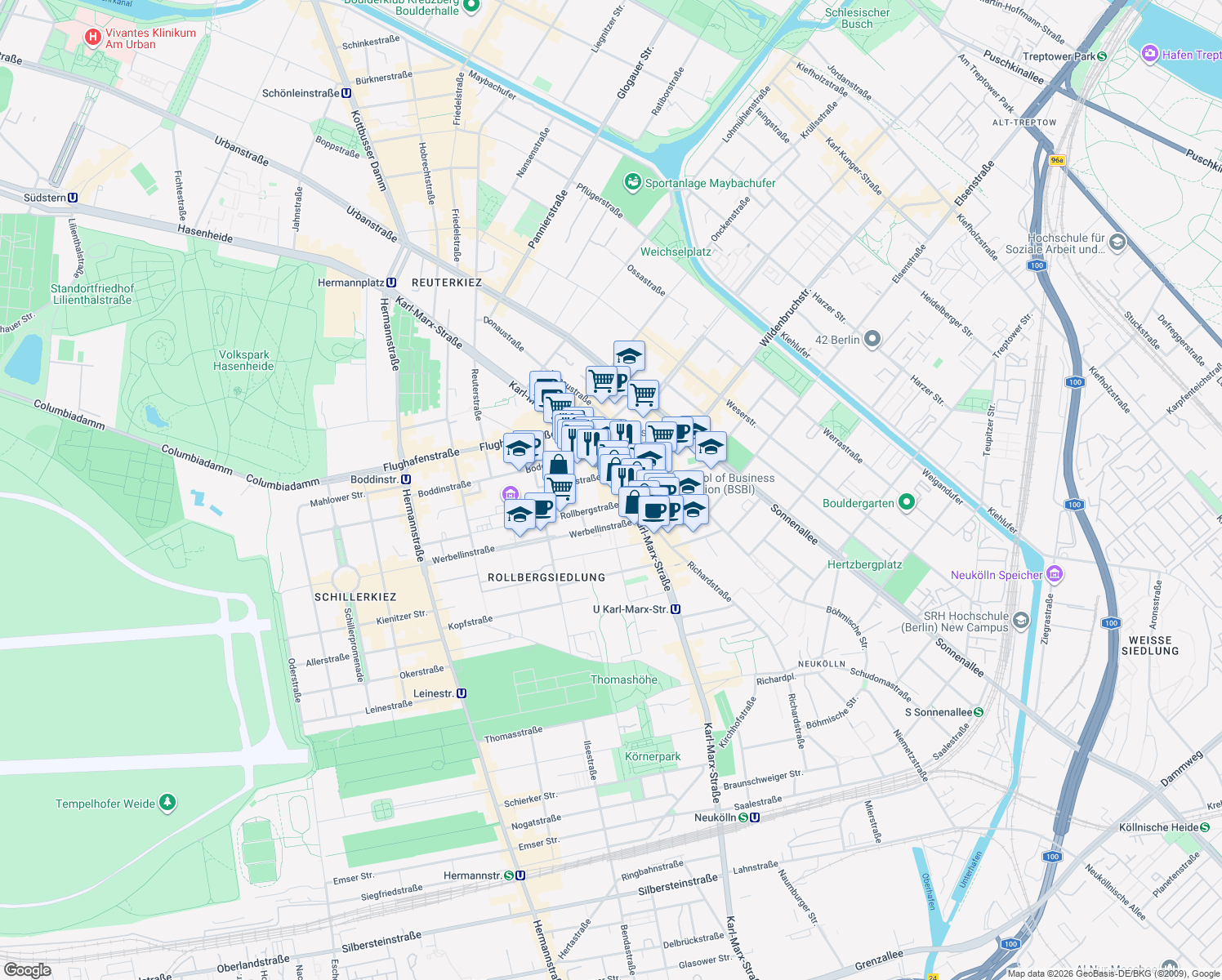 map of restaurants, bars, coffee shops, grocery stores, and more near 92-98 Karl-Marx-Straße in Berlin