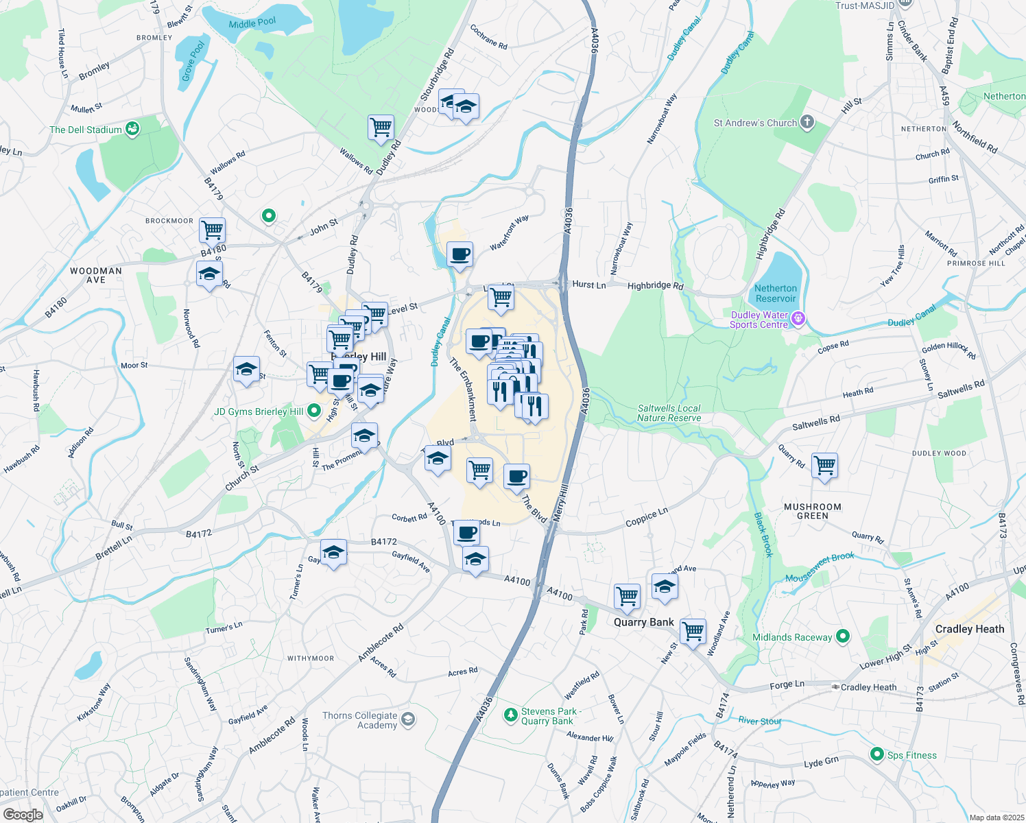map of restaurants, bars, coffee shops, grocery stores, and more near in The Merry Hill Centre