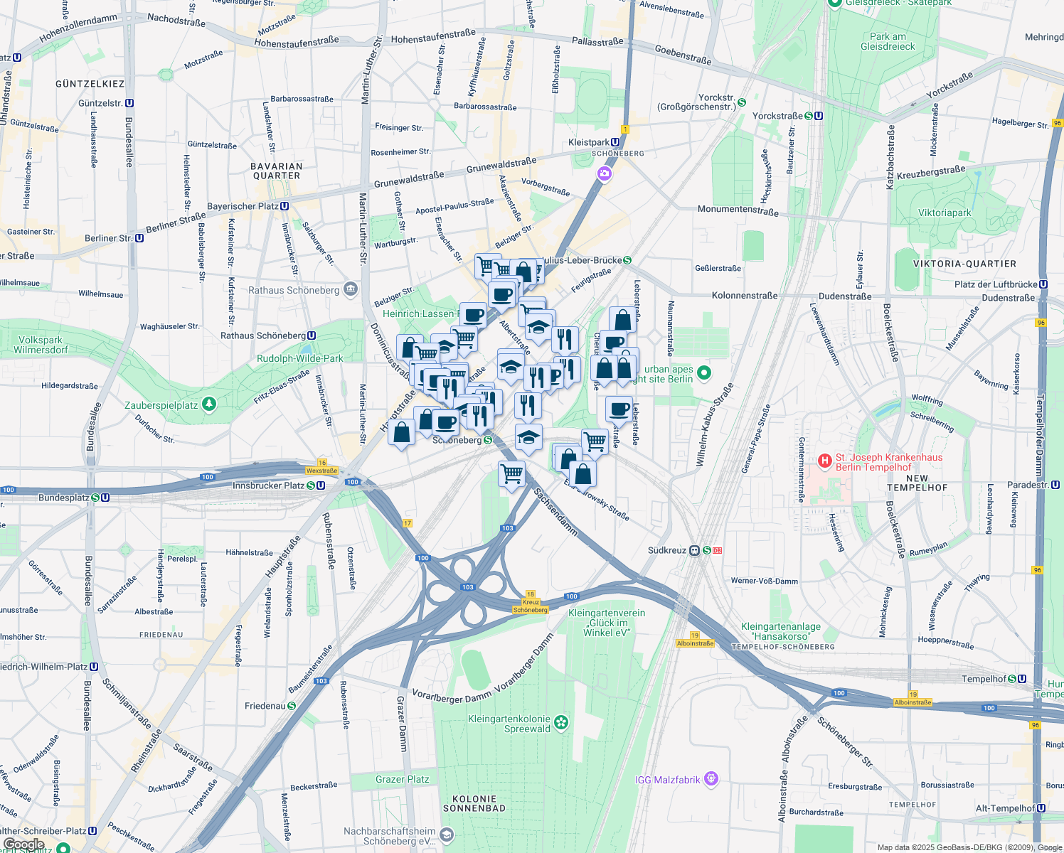 map of restaurants, bars, coffee shops, grocery stores, and more near 12 Torgauer Straße in Berlin