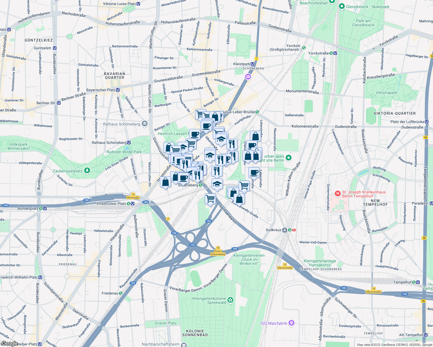 map of restaurants, bars, coffee shops, grocery stores, and more near 12 Torgauer Straße in Berlin
