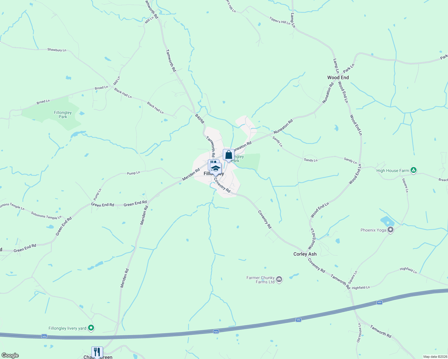 map of restaurants, bars, coffee shops, grocery stores, and more near Holbeche Crescent in Fillongley
