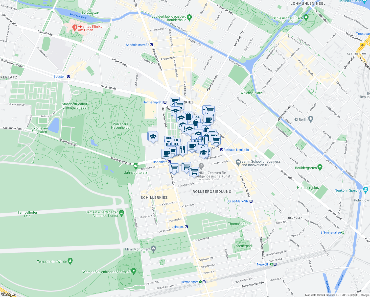 map of restaurants, bars, coffee shops, grocery stores, and more near 44 Mainzer Straße in Berlin