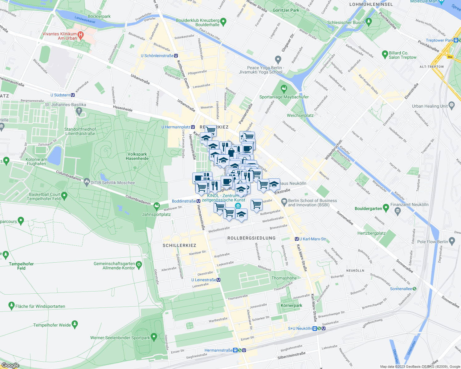 map of restaurants, bars, coffee shops, grocery stores, and more near 5 Reuterstraße in Berlin