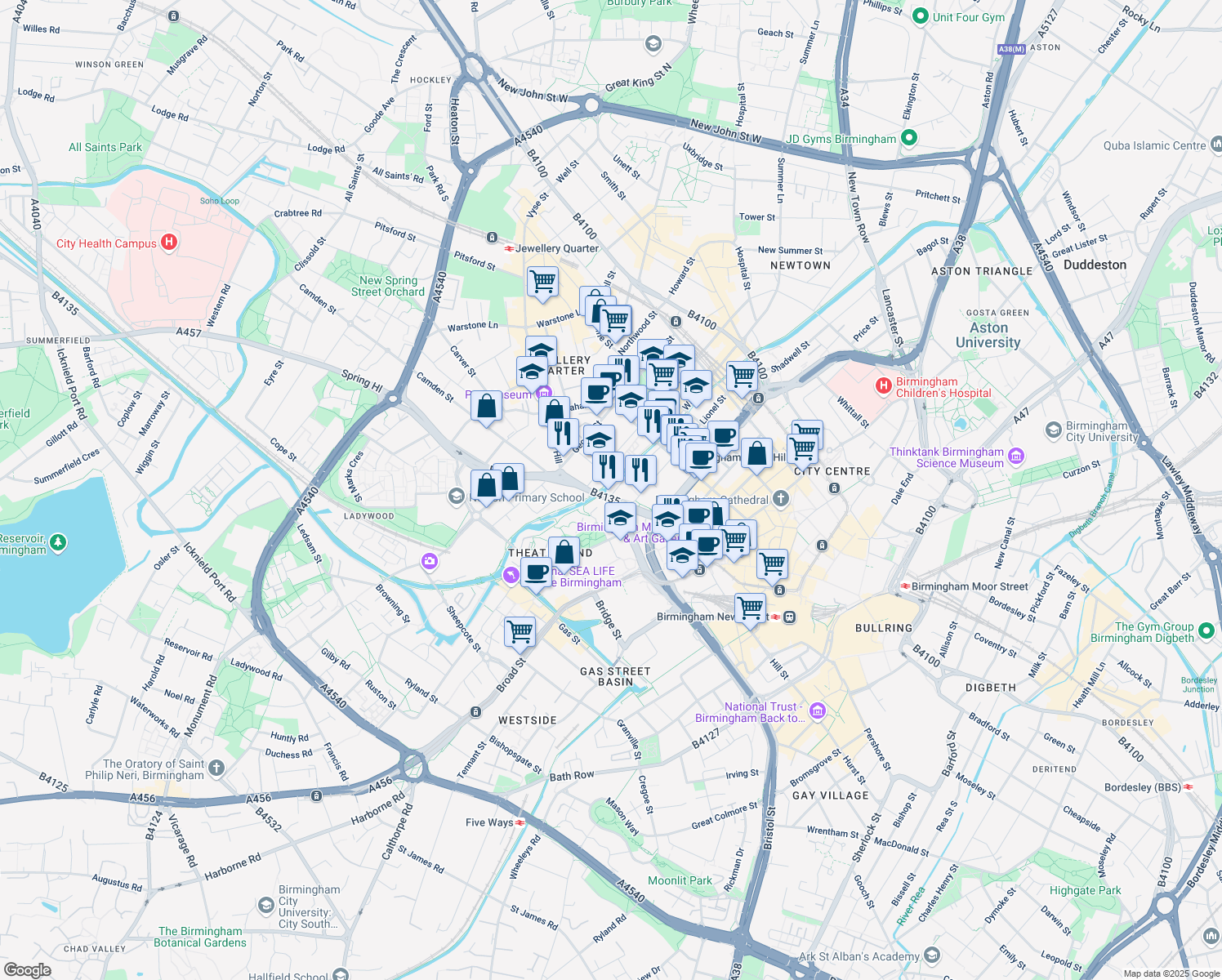 map of restaurants, bars, coffee shops, grocery stores, and more near Fleet Street in Birmingham