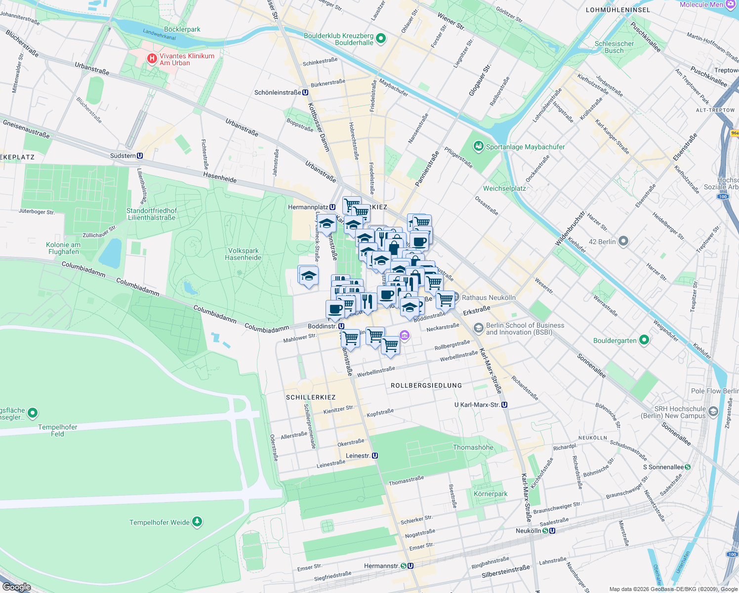 map of restaurants, bars, coffee shops, grocery stores, and more near 45 Mainzer Straße in Berlin