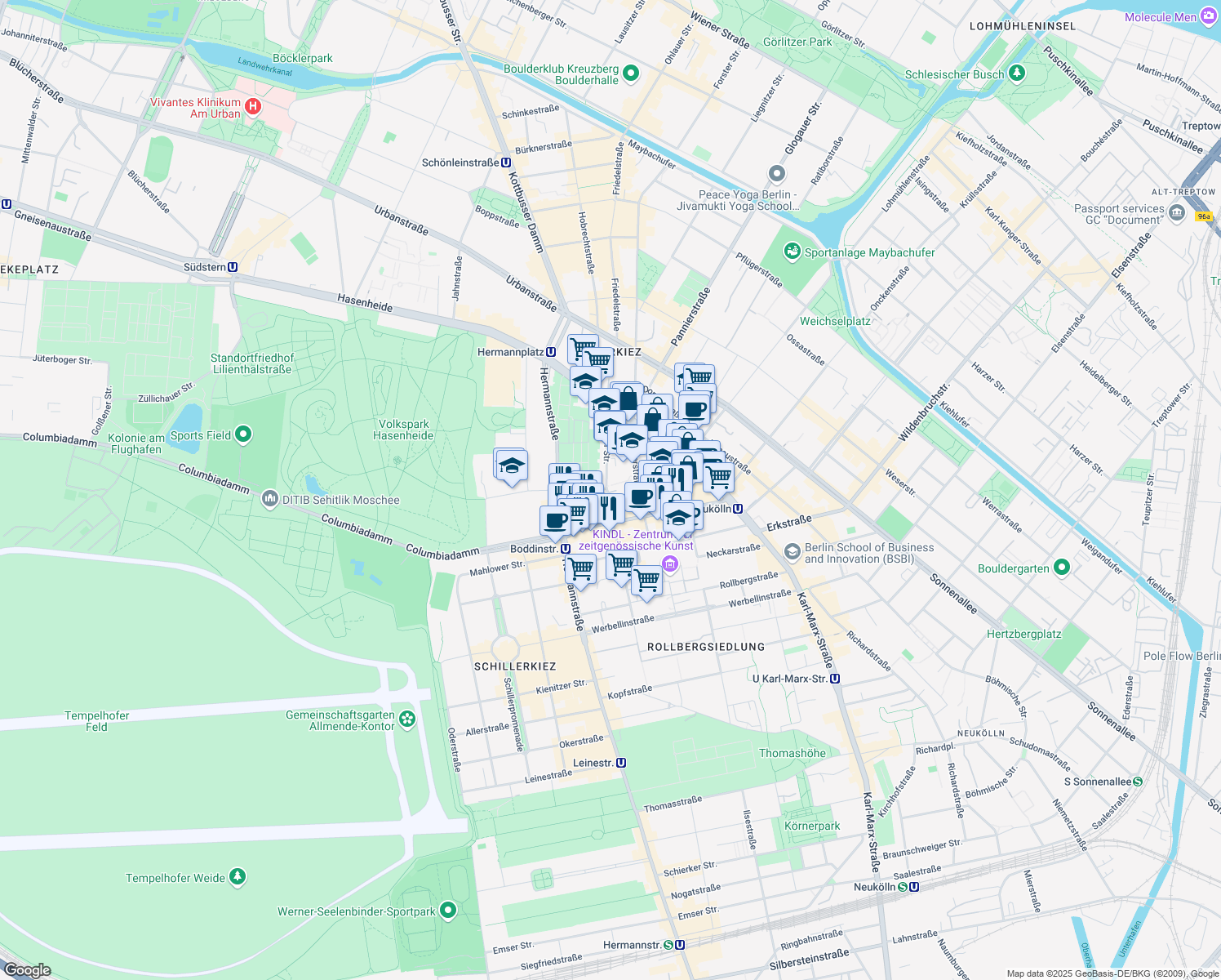 map of restaurants, bars, coffee shops, grocery stores, and more near 44 Mainzer Straße in Berlin