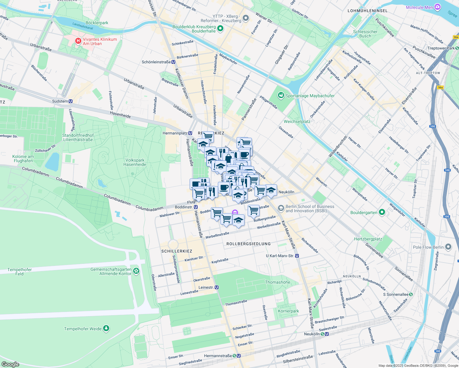 map of restaurants, bars, coffee shops, grocery stores, and more near 5 Reuterstraße in Berlin