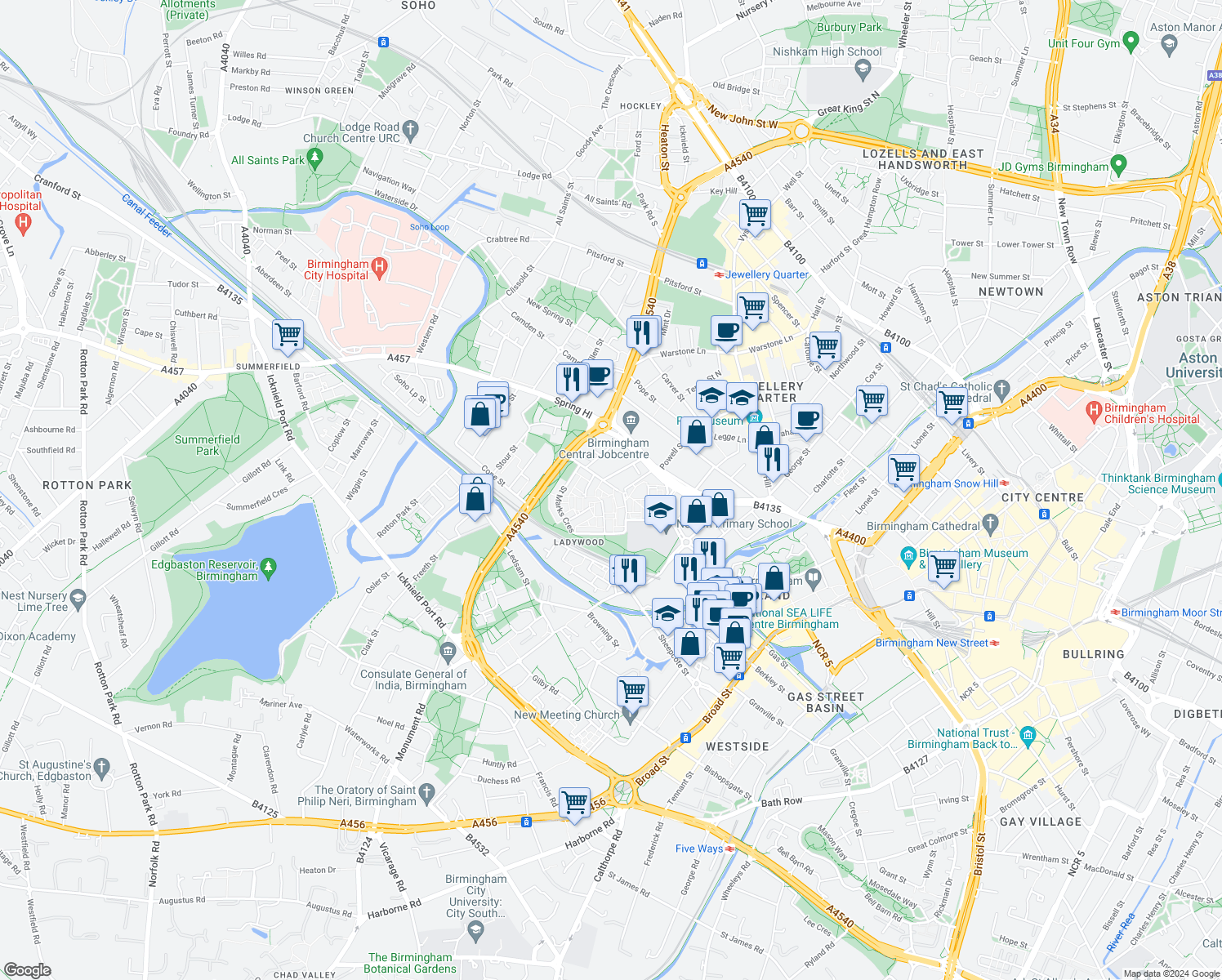 map of restaurants, bars, coffee shops, grocery stores, and more near in Birmingham