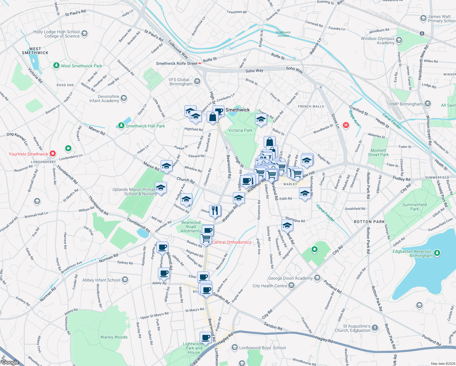 map of restaurants, bars, coffee shops, grocery stores, and more near Bearwood Road in West Midlands