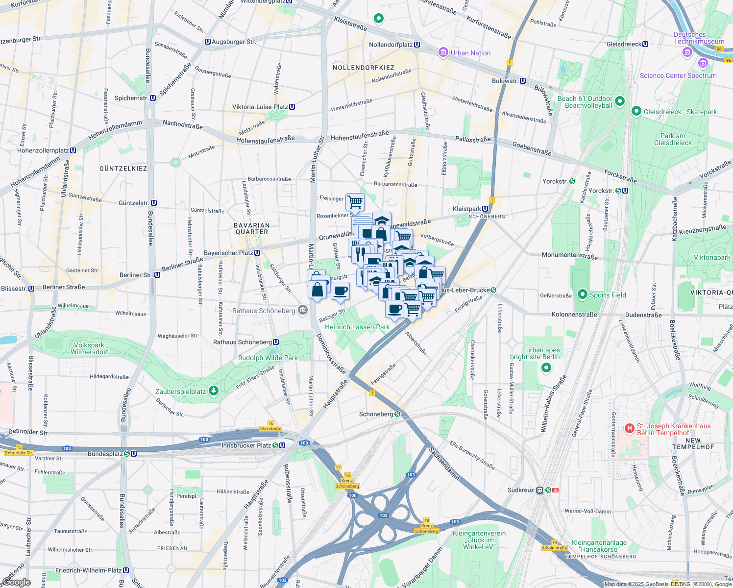 map of restaurants, bars, coffee shops, grocery stores, and more near 48 Belziger Straße in Berlin