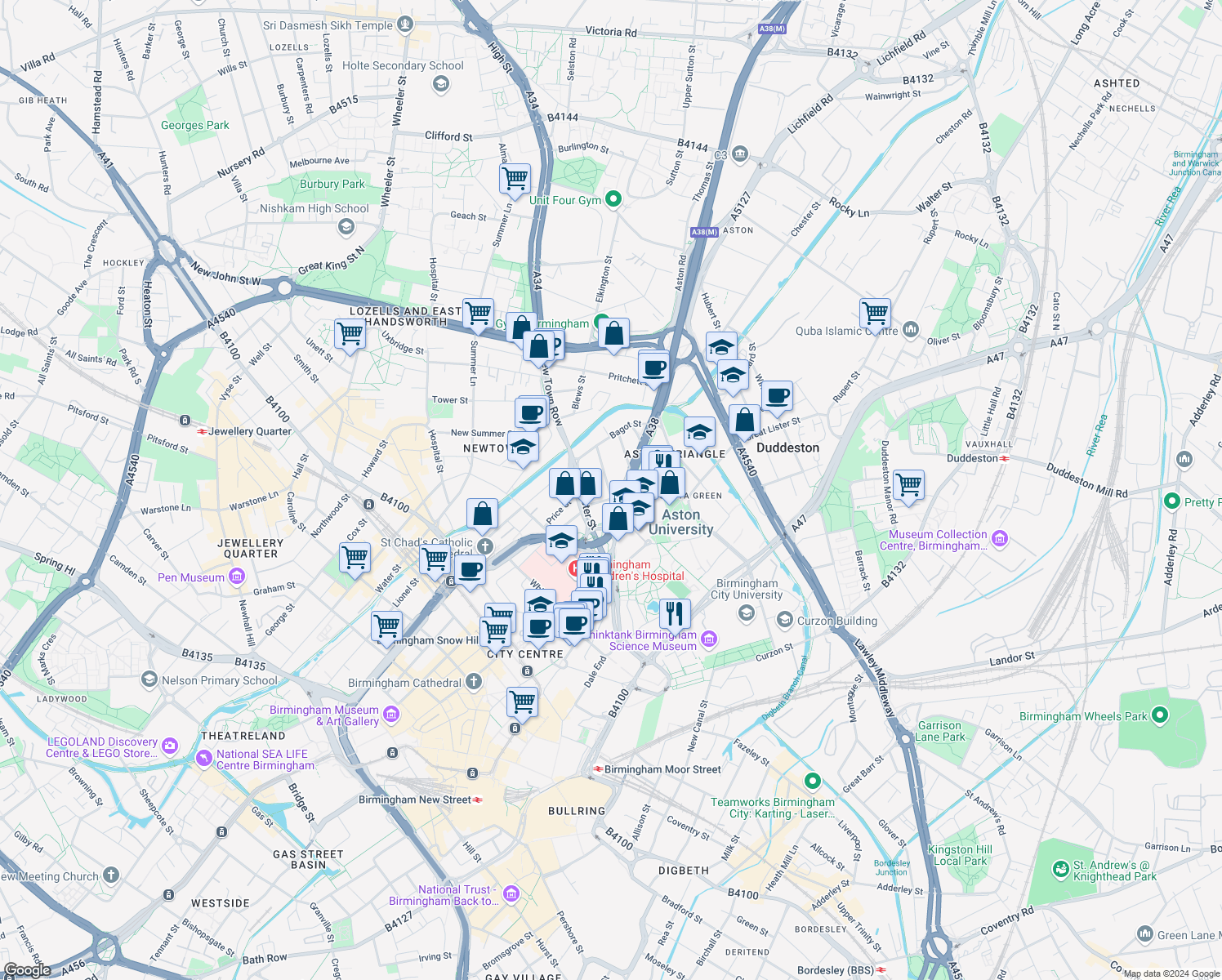 map of restaurants, bars, coffee shops, grocery stores, and more near 30 Staniforth Street in West Midlands