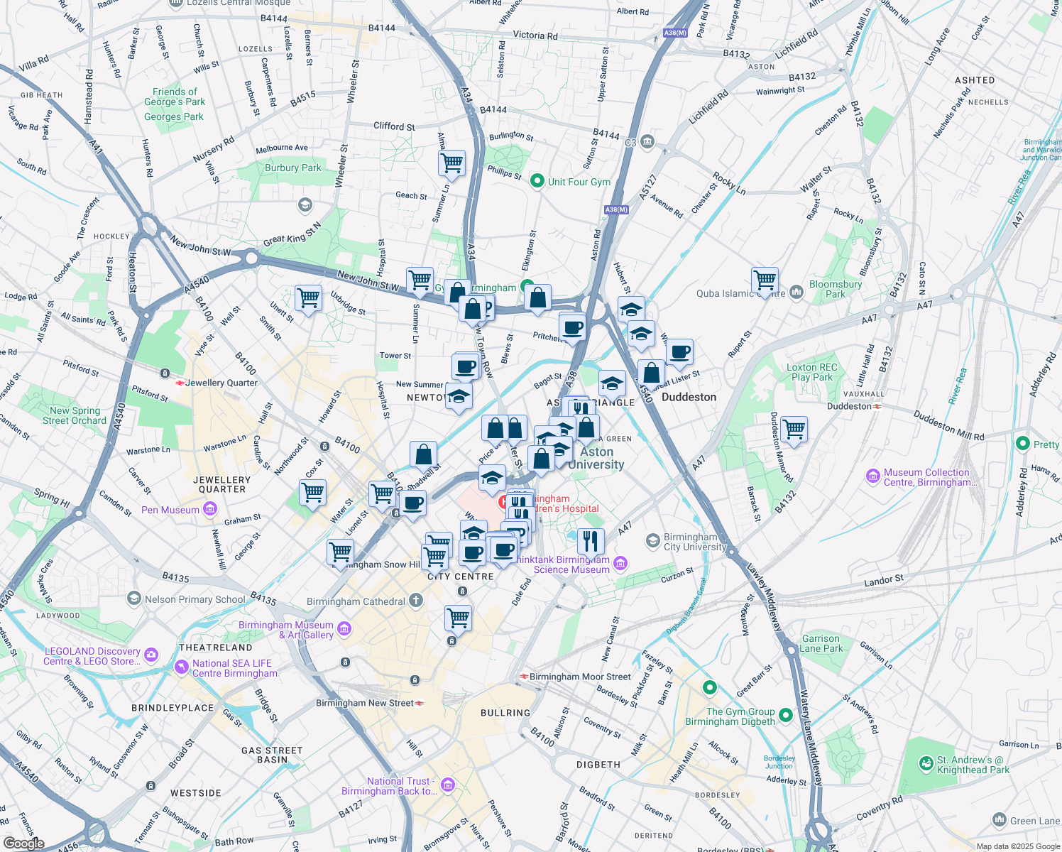map of restaurants, bars, coffee shops, grocery stores, and more near 30 Staniforth Street in West Midlands