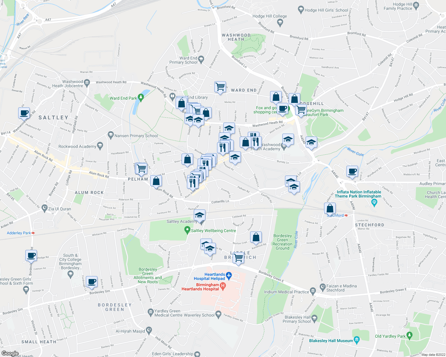 map of restaurants, bars, coffee shops, grocery stores, and more near 44 Pelham Road in West Midlands