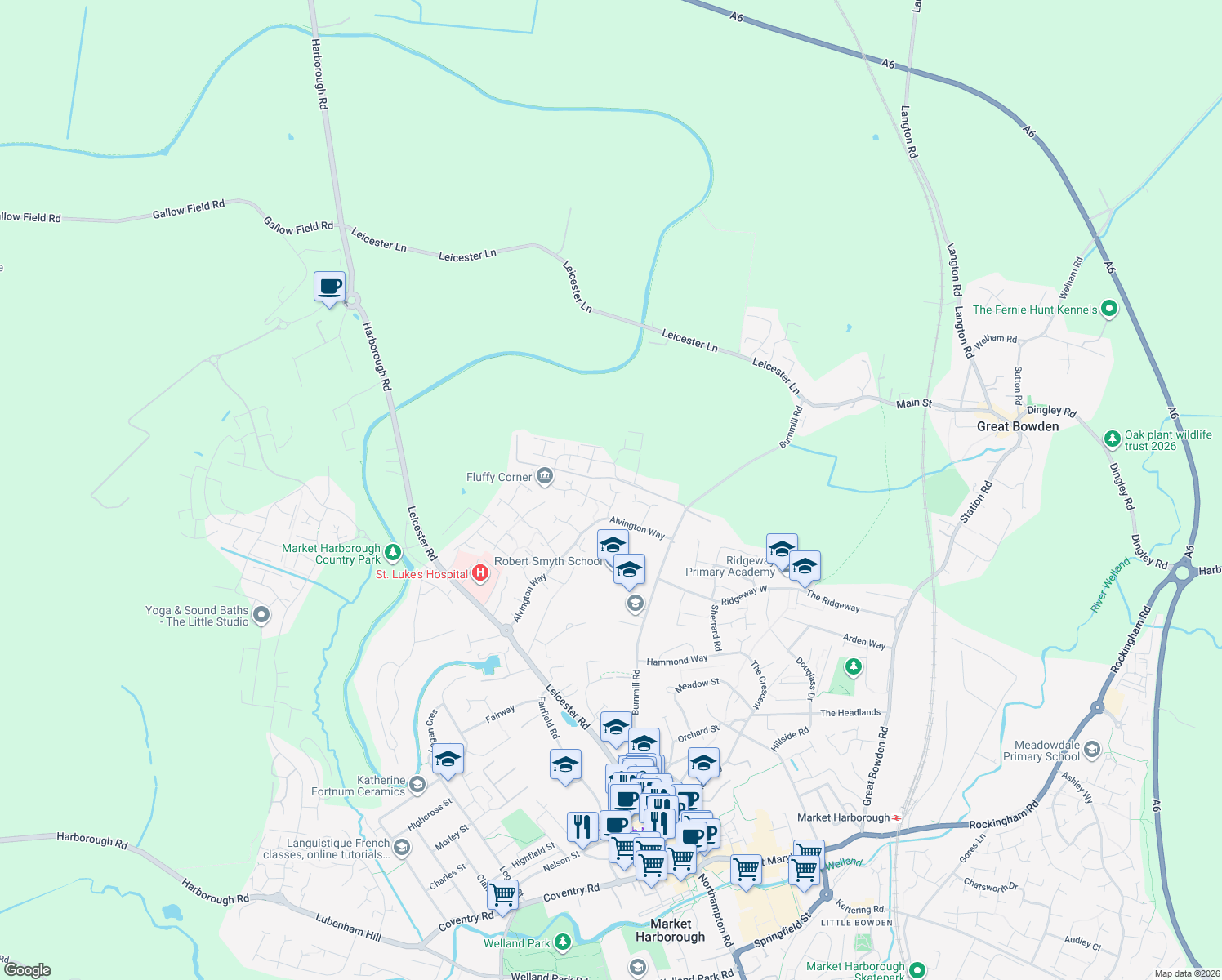 map of restaurants, bars, coffee shops, grocery stores, and more near Bates Close in Leicestershire