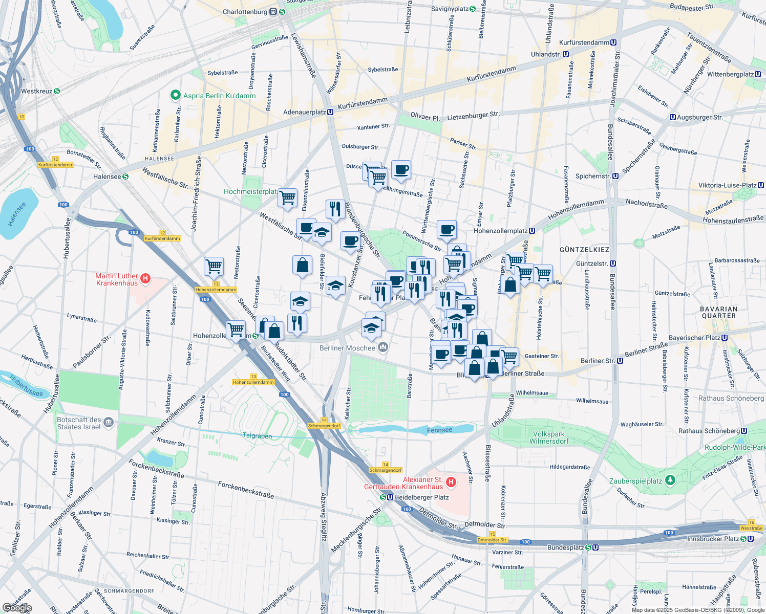 map of restaurants, bars, coffee shops, grocery stores, and more near 33 Hohenzollerndamm in Berlin