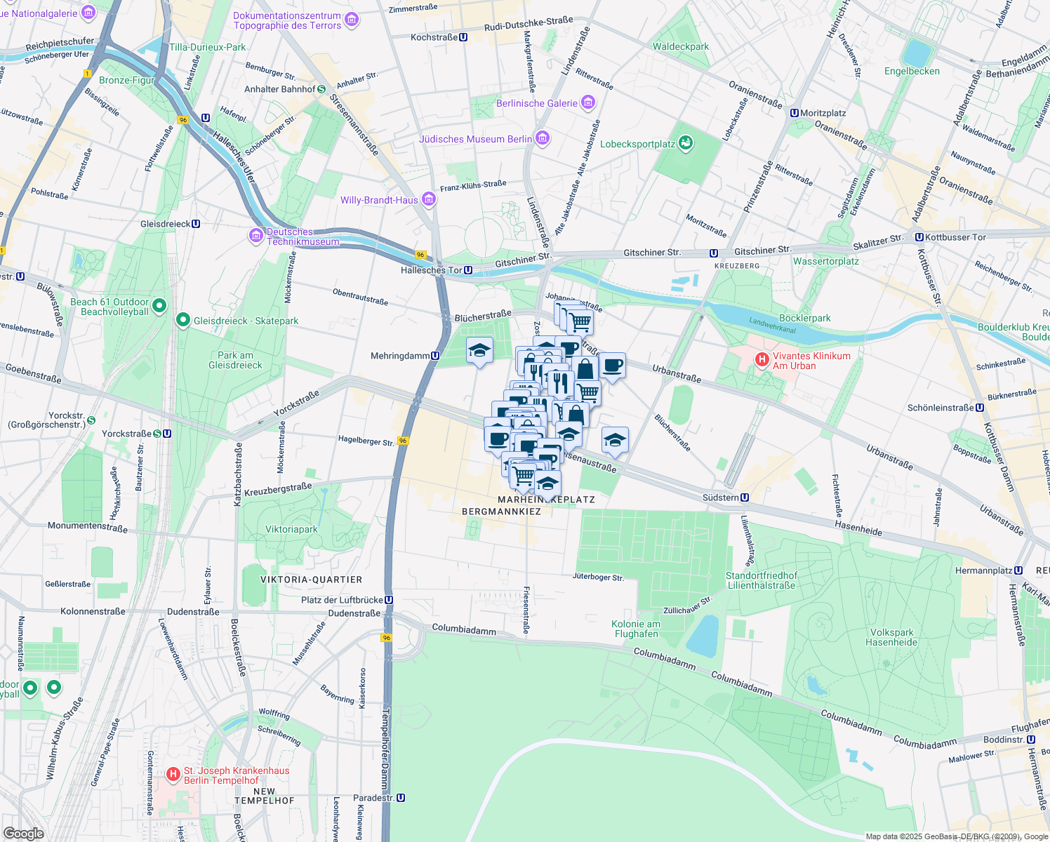 map of restaurants, bars, coffee shops, grocery stores, and more near 13 Zossener Straße in Berlin
