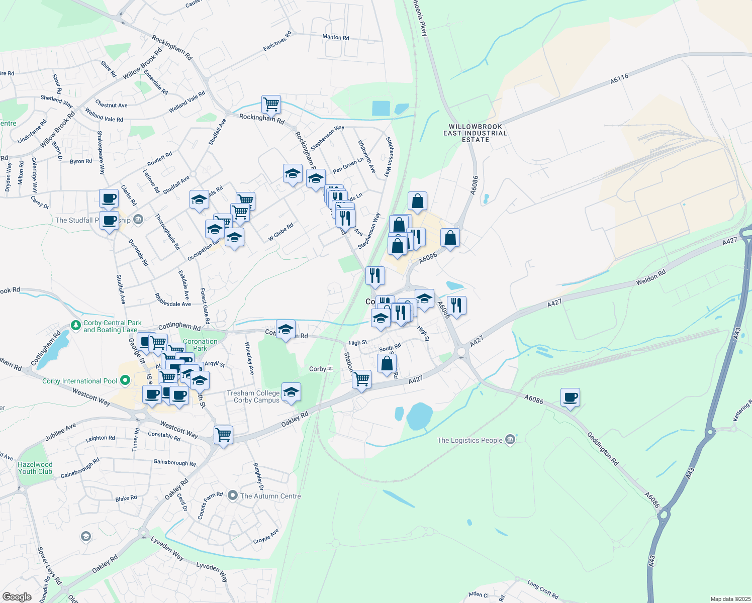 map of restaurants, bars, coffee shops, grocery stores, and more near in North Northamptonshire