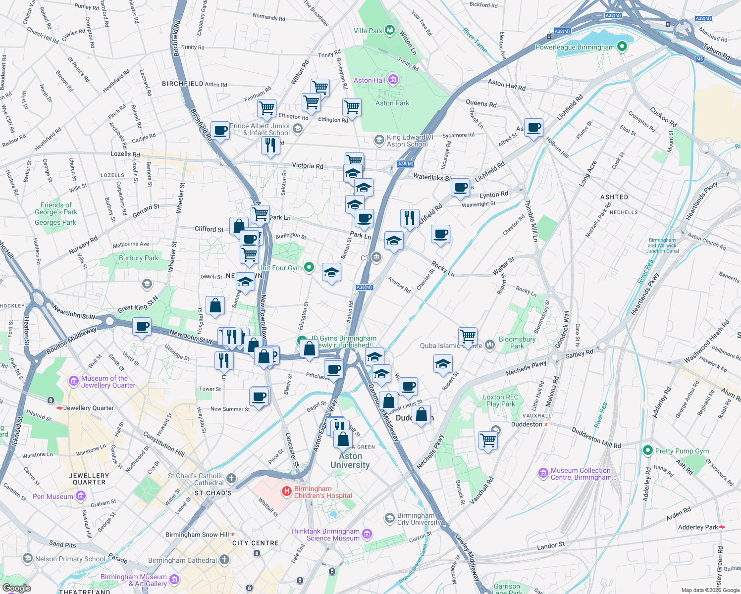 map of restaurants, bars, coffee shops, grocery stores, and more near in Birmingham