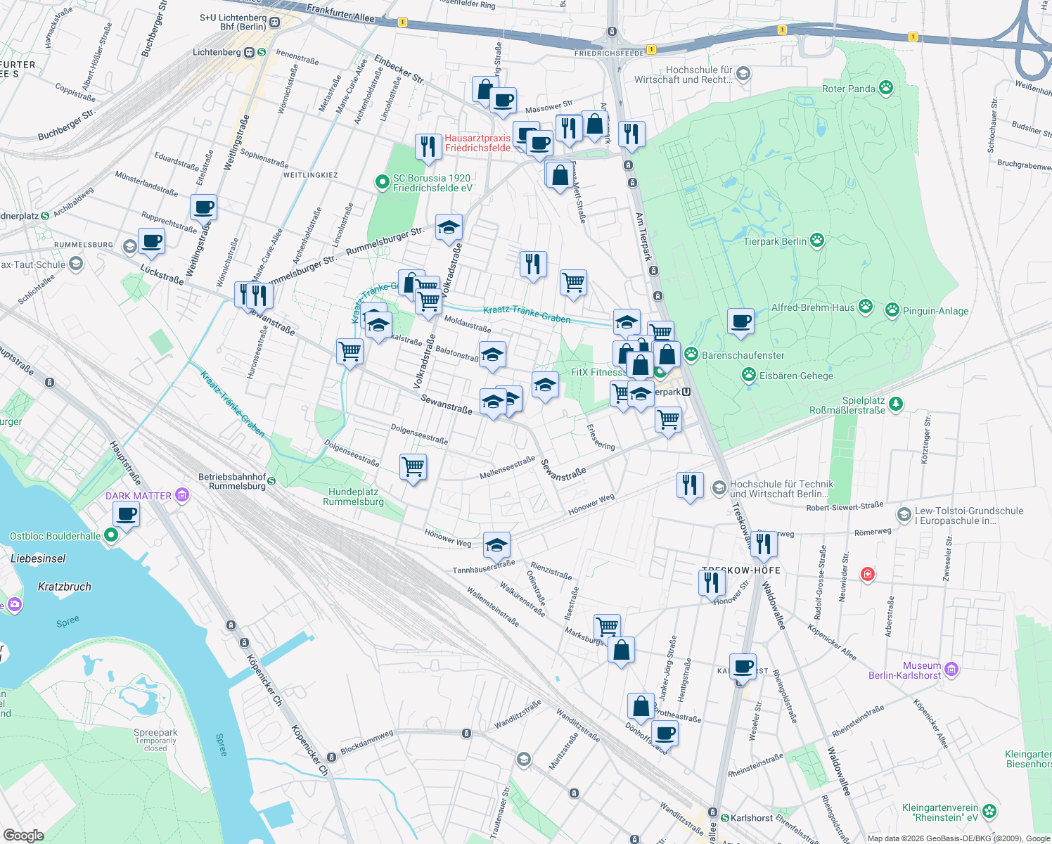 map of restaurants, bars, coffee shops, grocery stores, and more near in Berlin