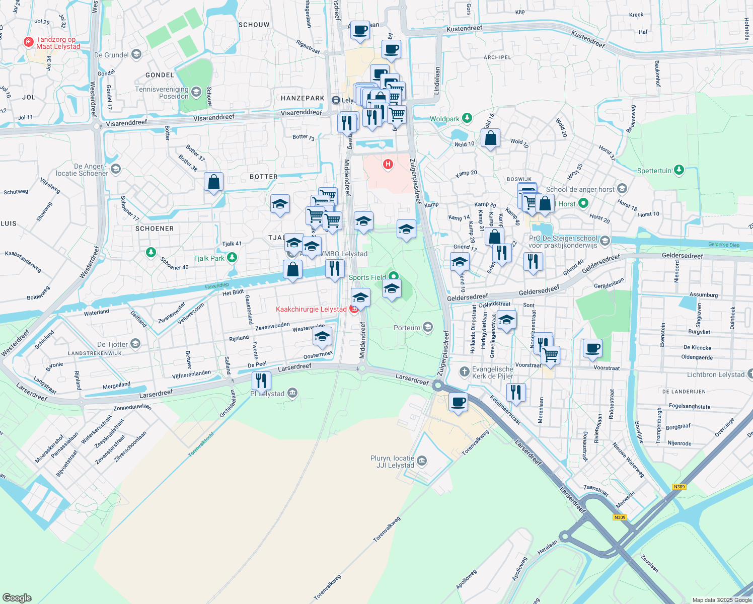 map of restaurants, bars, coffee shops, grocery stores, and more near in Lelystad