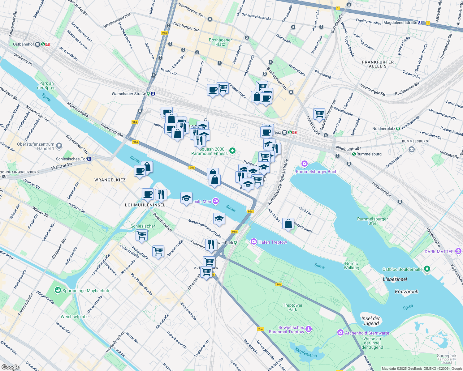 map of restaurants, bars, coffee shops, grocery stores, and more near 20E Stralauer Allee in Berlin