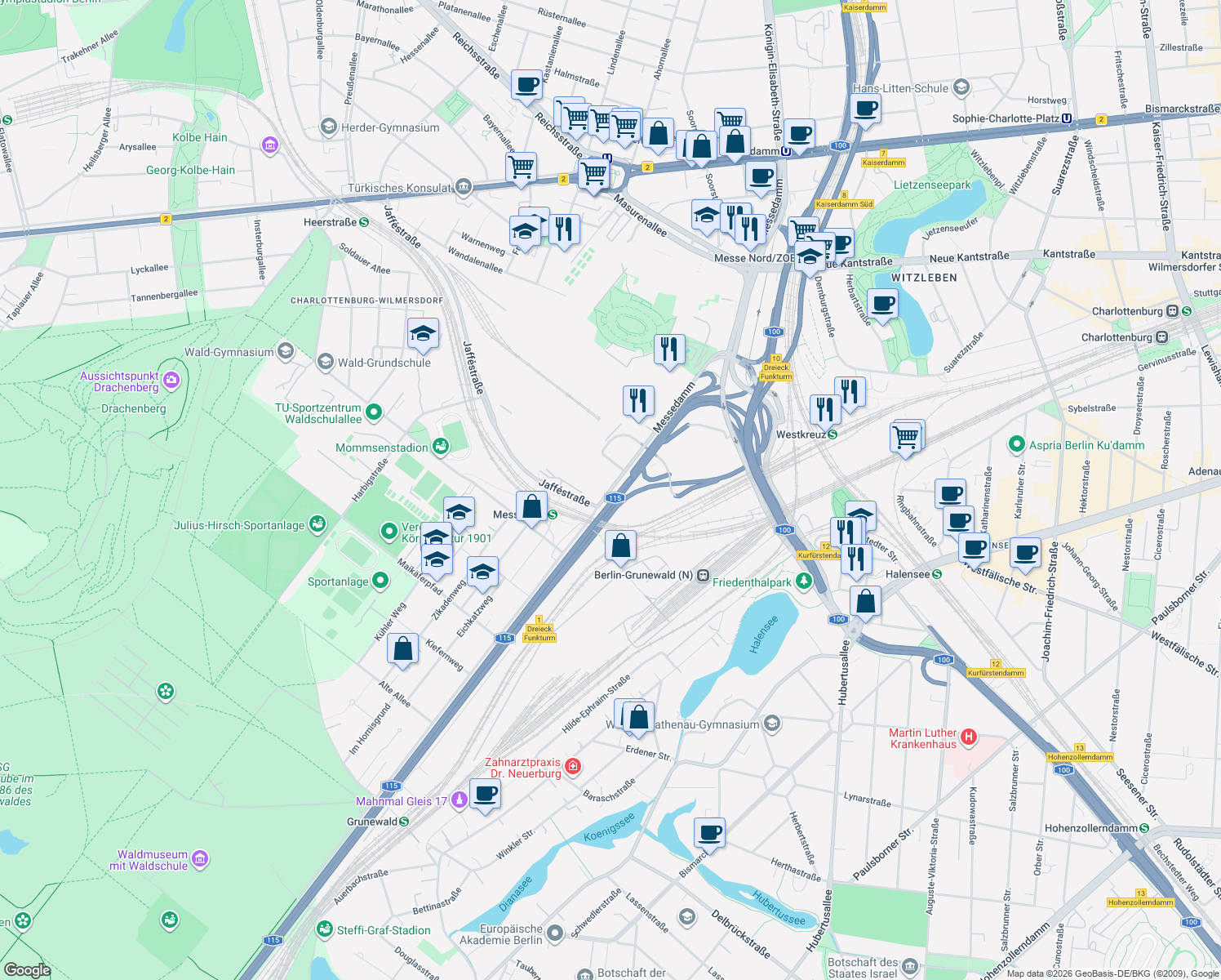 map of restaurants, bars, coffee shops, grocery stores, and more near 22 Messedamm in Berlin