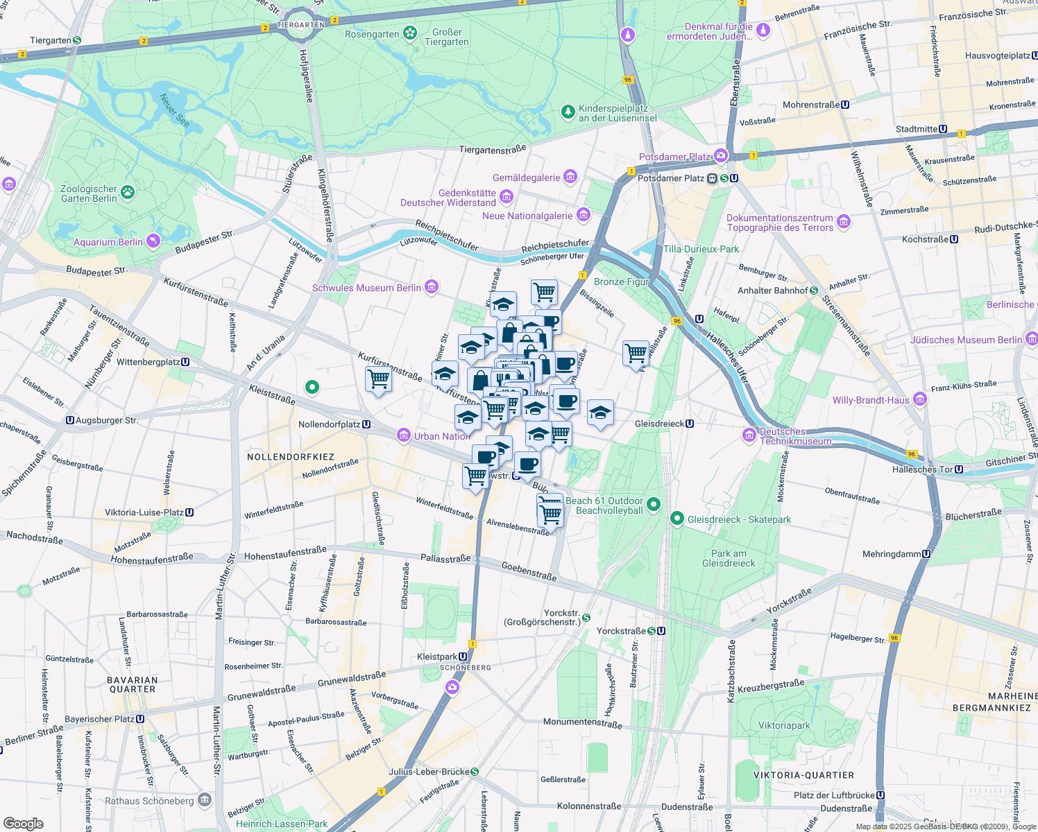map of restaurants, bars, coffee shops, grocery stores, and more near 28 Kurfürstenstraße in Berlin