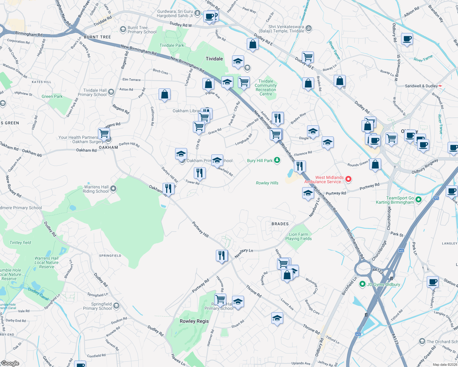 map of restaurants, bars, coffee shops, grocery stores, and more near Tower Road in Tividale