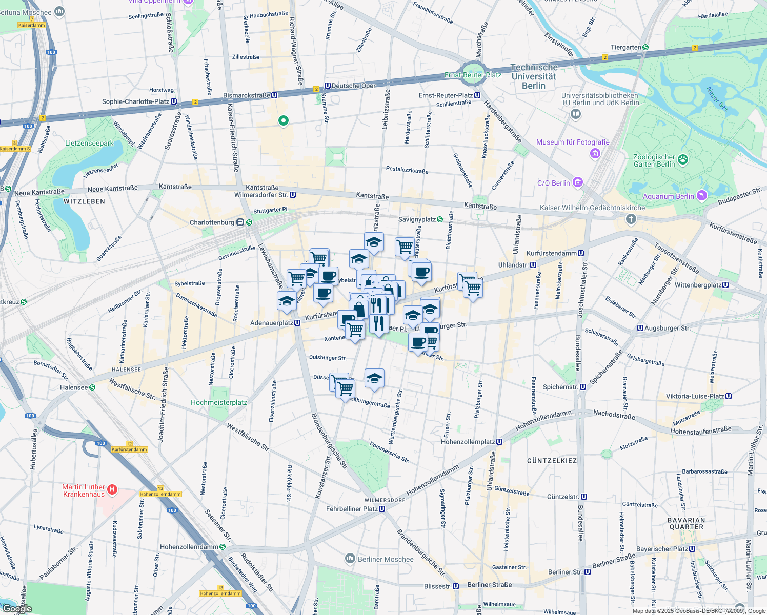 map of restaurants, bars, coffee shops, grocery stores, and more near 185 Kurfürstendamm in Berlin