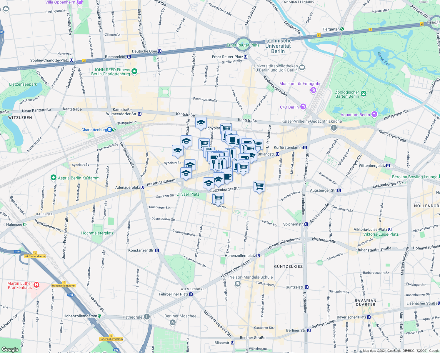 map of restaurants, bars, coffee shops, grocery stores, and more near 195 Kurfürstendamm in Berlin