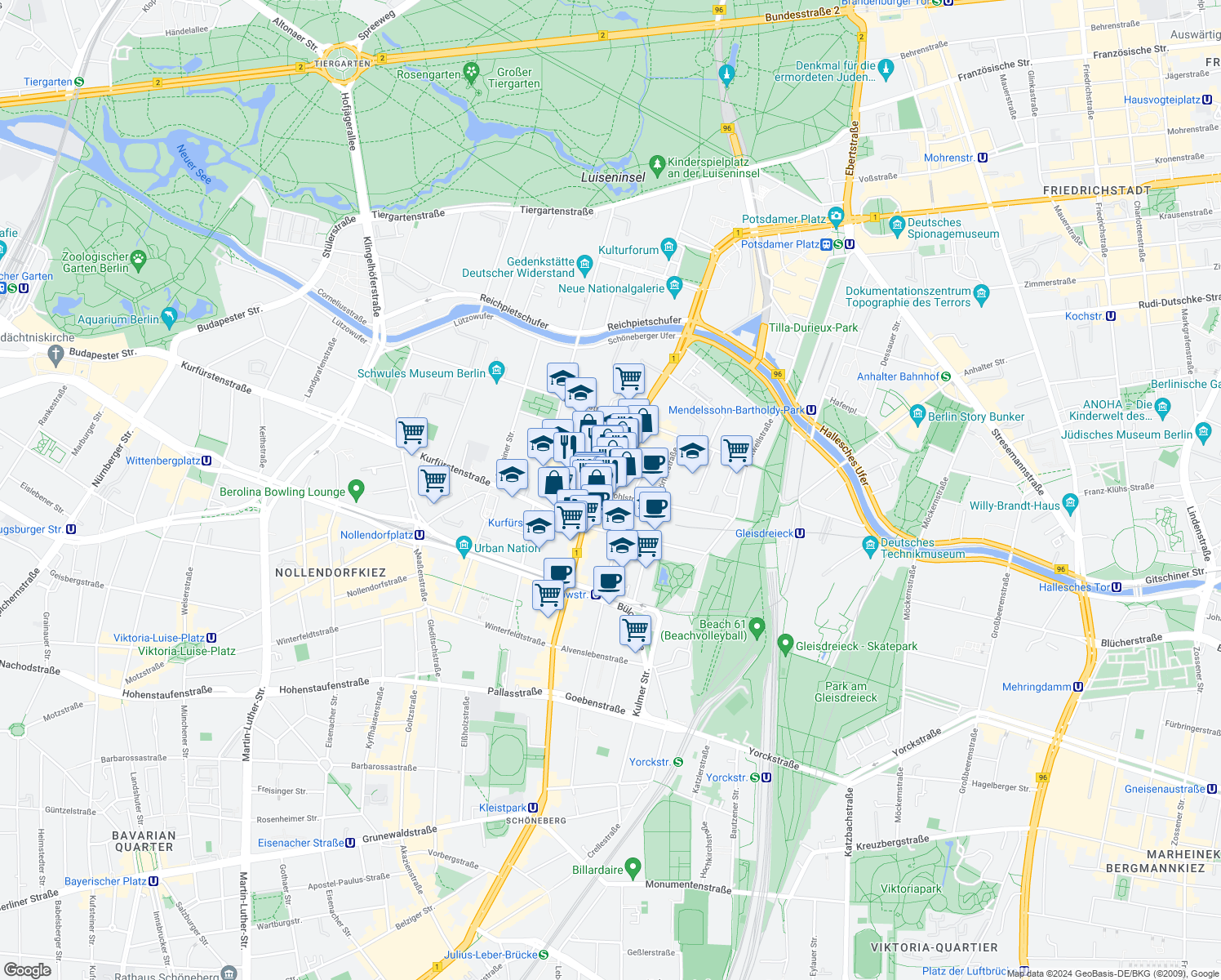 map of restaurants, bars, coffee shops, grocery stores, and more near 52 Pohlstraße in Berlin