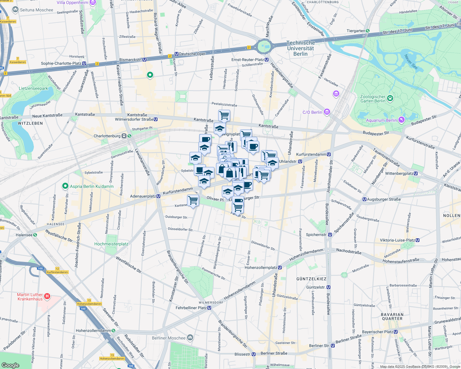 map of restaurants, bars, coffee shops, grocery stores, and more near 190-192 Kurfürstendamm in Berlin
