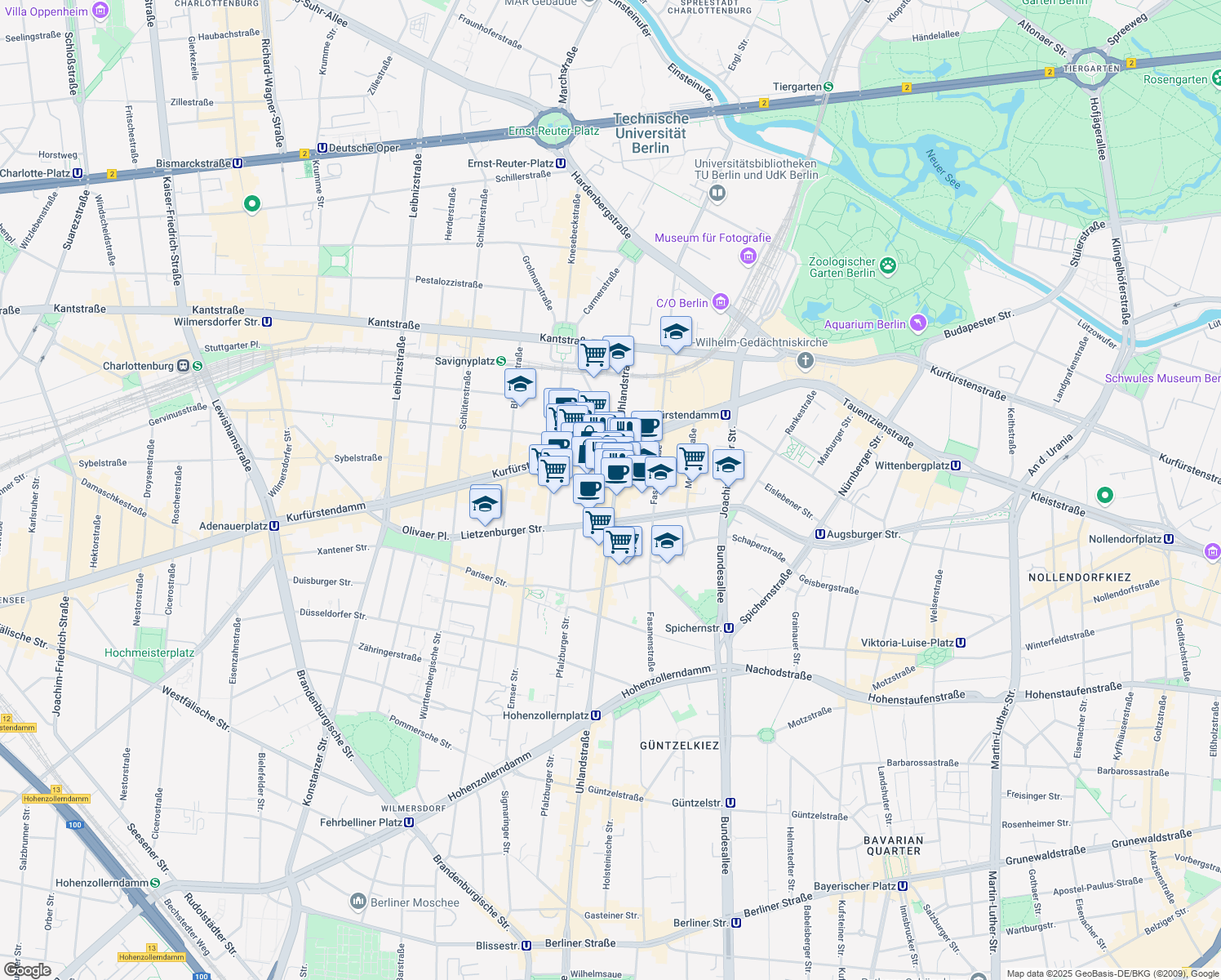 map of restaurants, bars, coffee shops, grocery stores, and more near 30 Uhlandstraße in Berlin