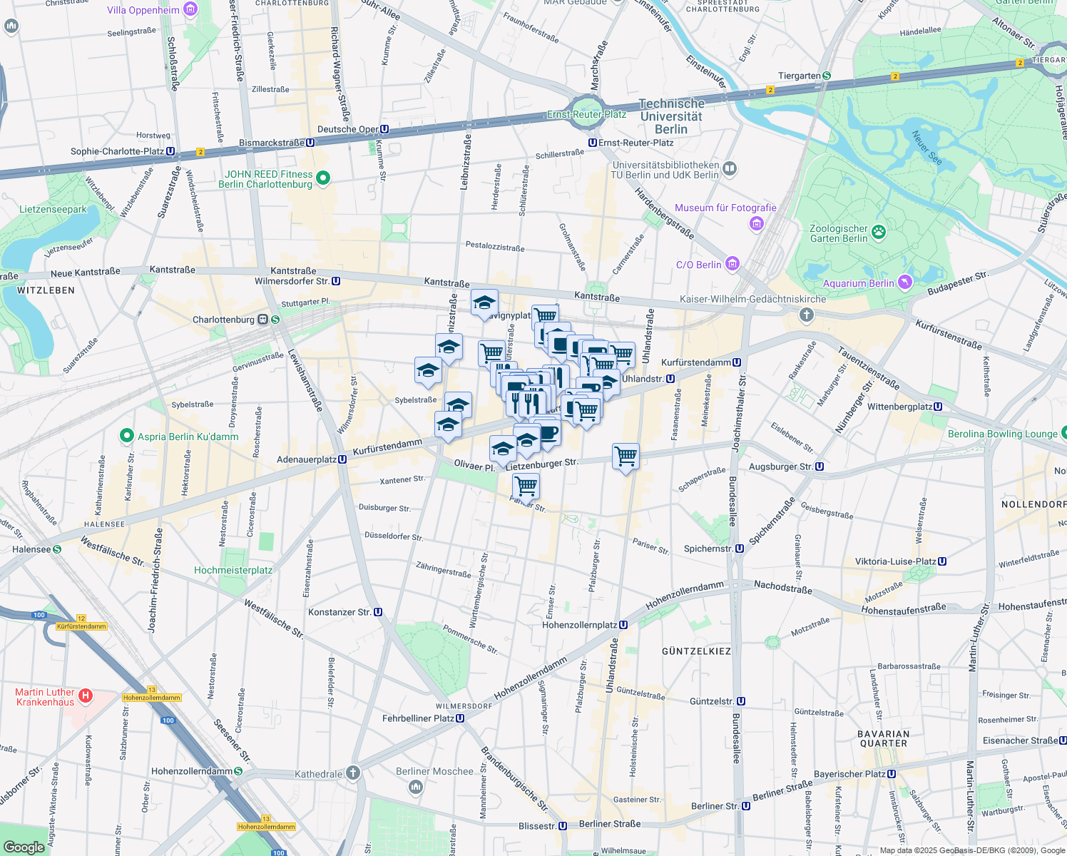 map of restaurants, bars, coffee shops, grocery stores, and more near 195 Kurfürstendamm in Berlin