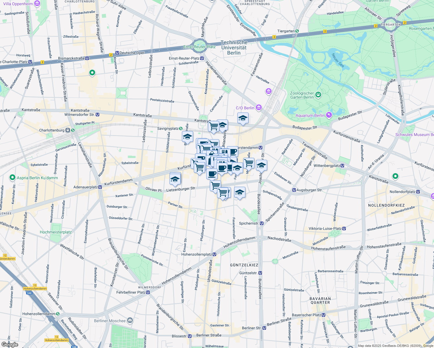 map of restaurants, bars, coffee shops, grocery stores, and more near 30 Uhlandstraße in Berlin