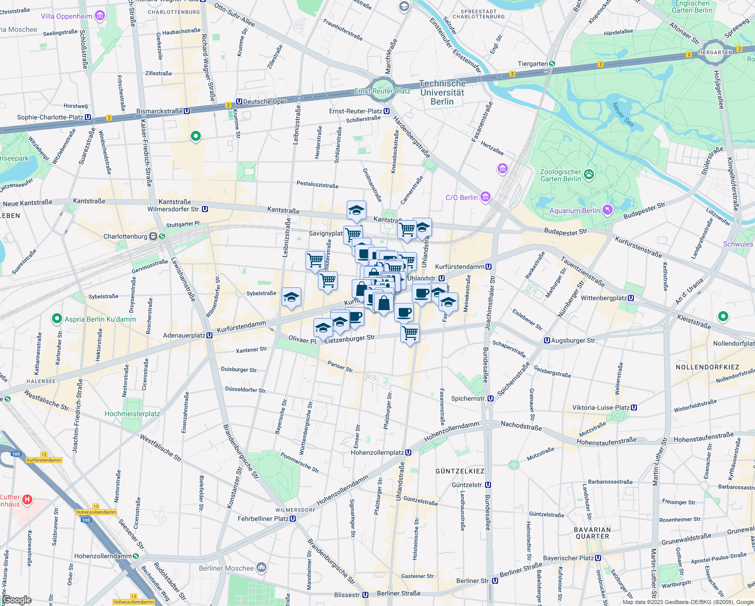 map of restaurants, bars, coffee shops, grocery stores, and more near 202 Kurfürstendamm in Berlin