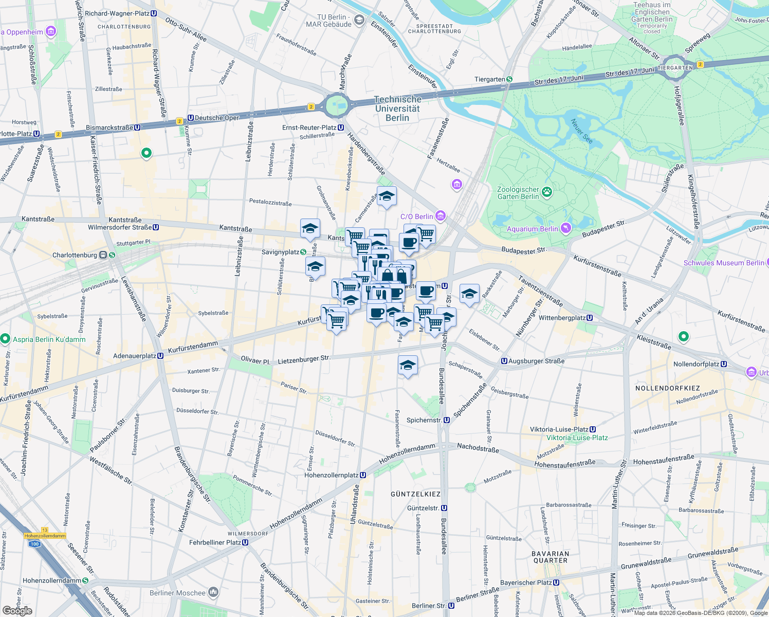map of restaurants, bars, coffee shops, grocery stores, and more near 213 Kurfürstendamm in Berlin