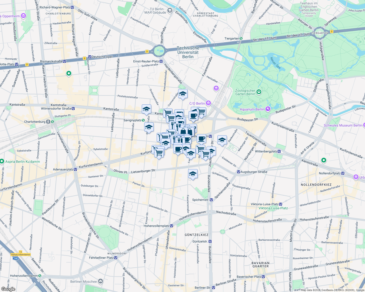 map of restaurants, bars, coffee shops, grocery stores, and more near 213 Kurfürstendamm in Berlin