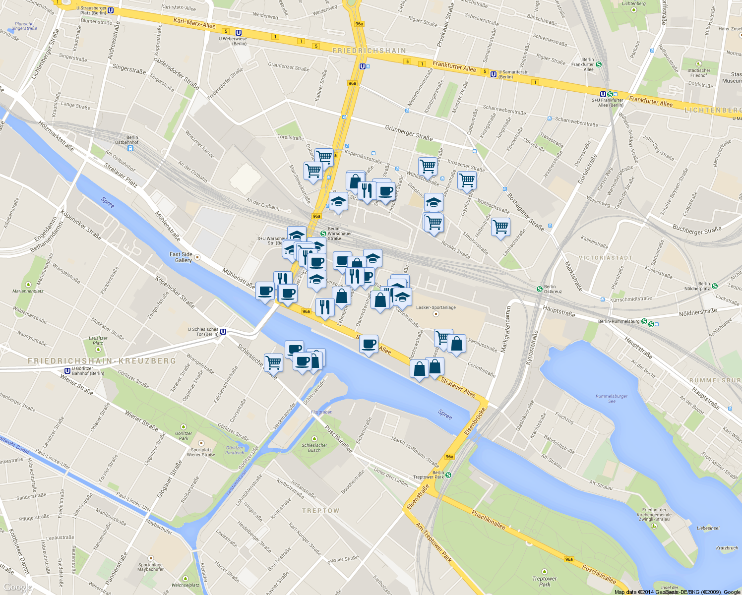 map of restaurants, bars, coffee shops, grocery stores, and more near 1 Am Rudolfplatz in Berlin