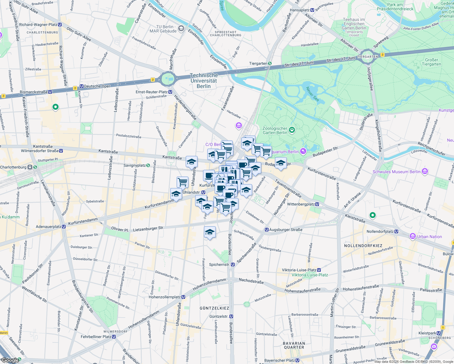 map of restaurants, bars, coffee shops, grocery stores, and more near 22 Kurfürstendamm in Berlin