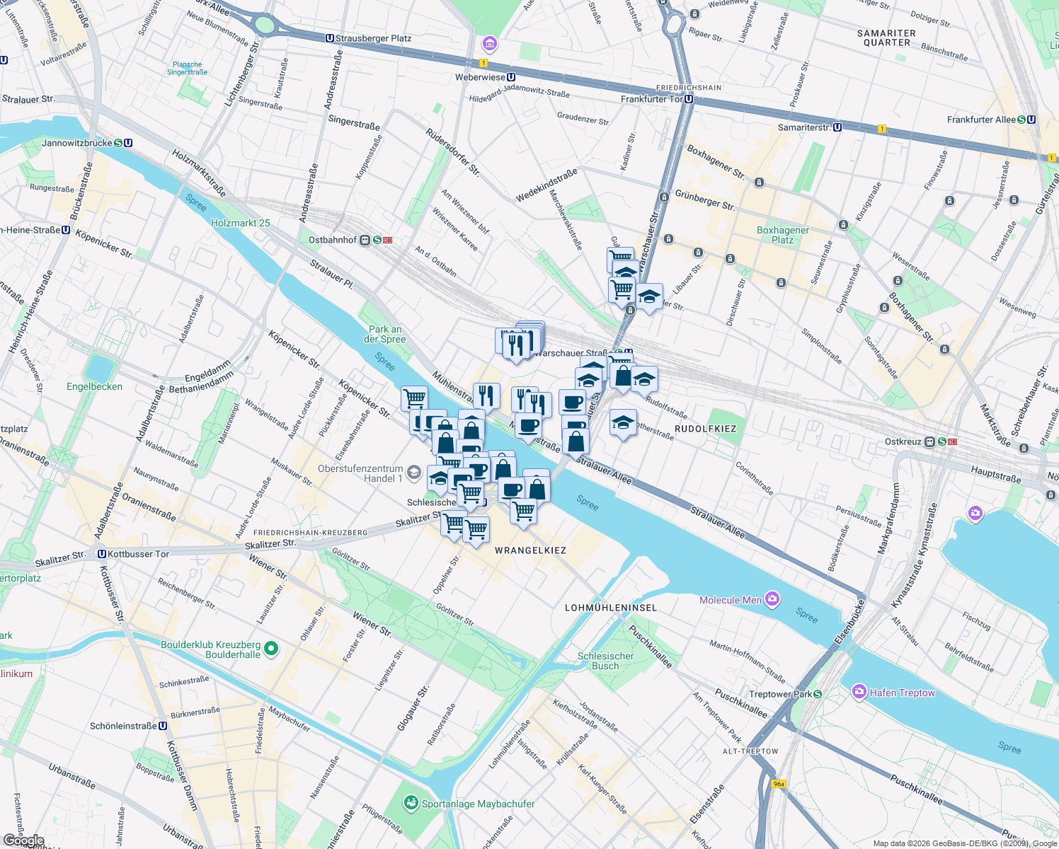 map of restaurants, bars, coffee shops, grocery stores, and more near 11 Mühlenstraße in Berlin