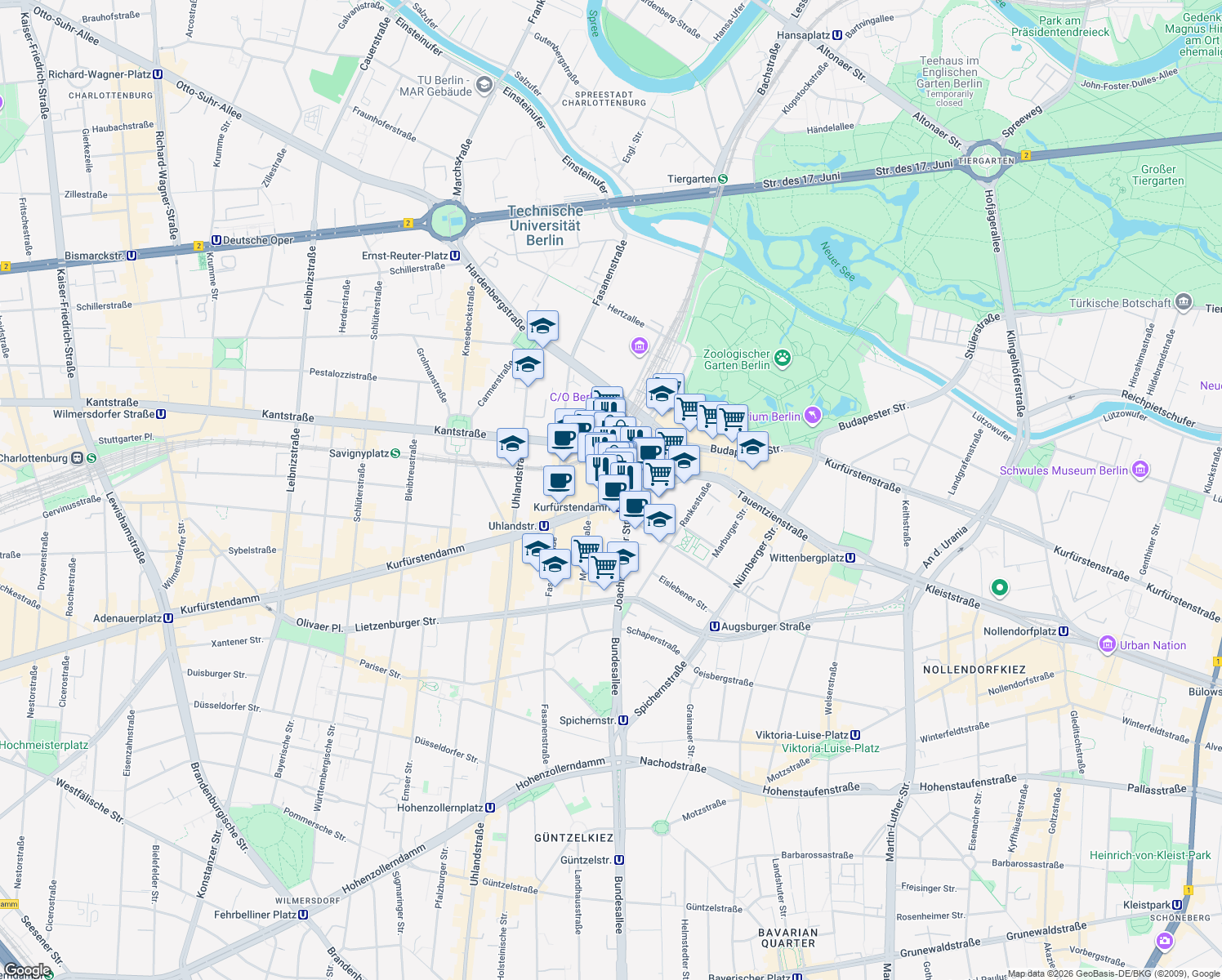 map of restaurants, bars, coffee shops, grocery stores, and more near 22 Kurfürstendamm in Berlin