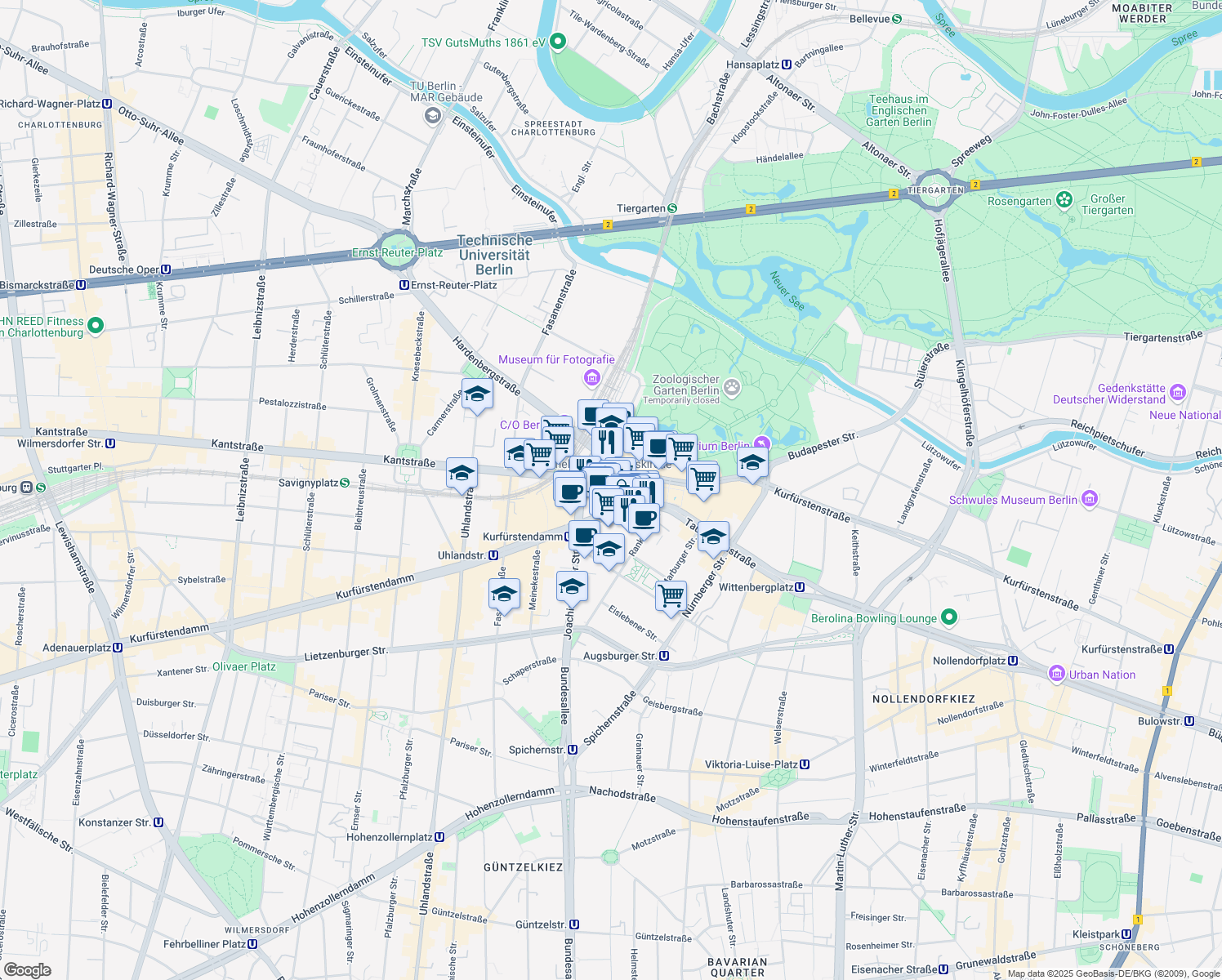 map of restaurants, bars, coffee shops, grocery stores, and more near 165 Kantstraße in Berlin
