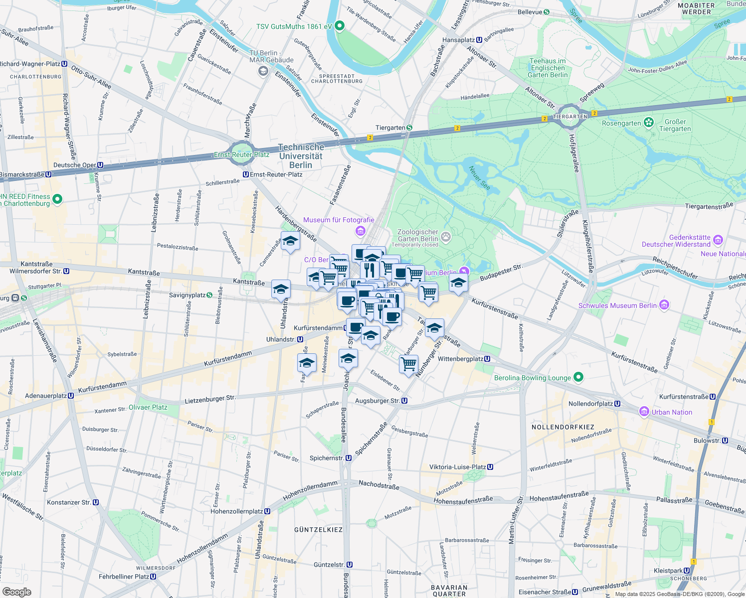 map of restaurants, bars, coffee shops, grocery stores, and more near 165 Kantstraße in Berlin