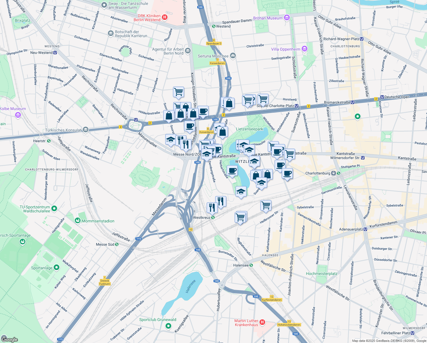 map of restaurants, bars, coffee shops, grocery stores, and more near 50 Dernburgstraße in Berlin