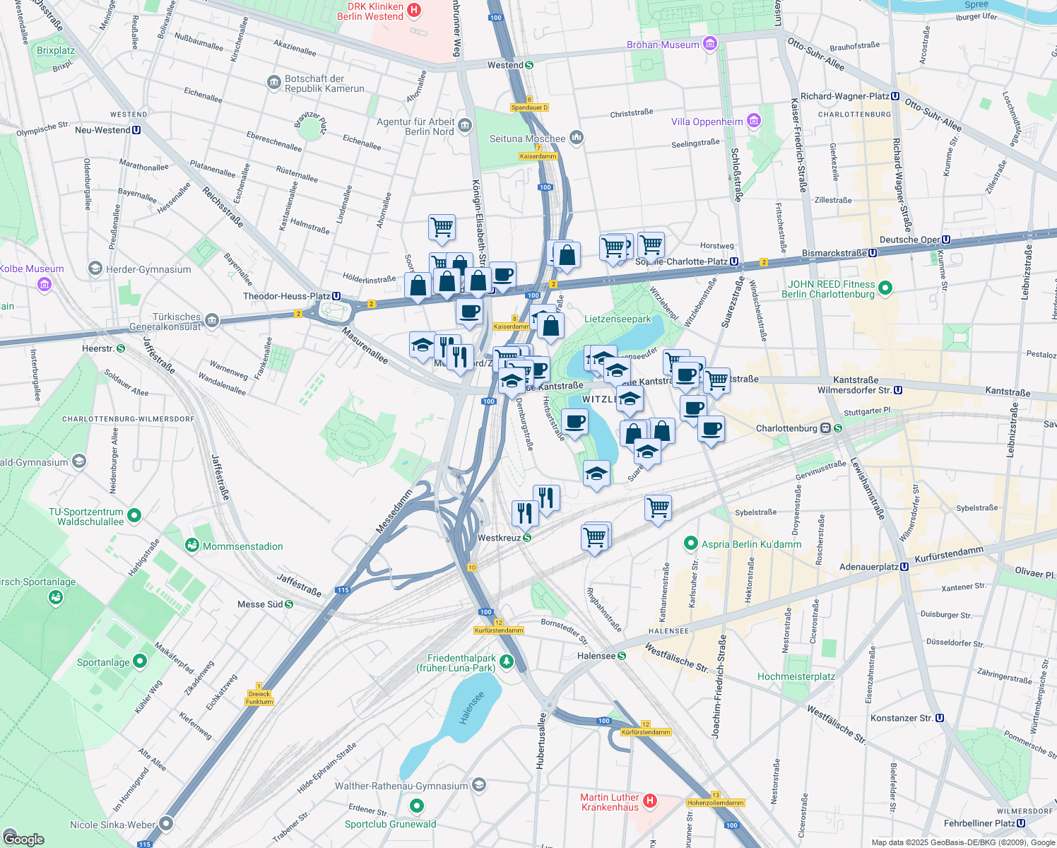 map of restaurants, bars, coffee shops, grocery stores, and more near 50 Dernburgstraße in Berlin